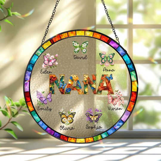 Discover Personalized Glass Suncatcher, Mother's Day Gift, Custom Butterfly & Birth Month Flowers with Grandkids Names, Grandma Gifts From Grandkids