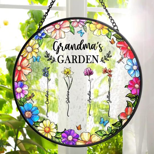 Discover Floral Frame Birth Flower Grandma's Garden, Personalized Stained Glass Window Hanging Suncatcher, Mother's Day Gift, Birth Flower Gifts