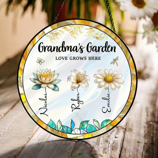 Discover Personalized Birth Flower Stained Glass Suncatcher Custom Name Grandma's Garden Gift Mother's Day Gift For Grandma, Nana Birth Month Flower