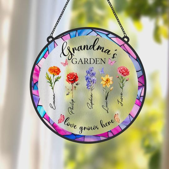 Personalized Grandma's Garden Birth Month Flower Suncatcher, Mother's Day Gift for Grandma, Nana Gift from Grandkids