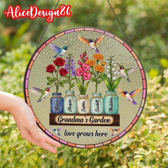 Discover Personalized Grandma's Garden Gift For Grandma, Grandma Gift, Mother's Day Gift For Grandma, Nana Birth Month Flower Stain Glass Suncatcher