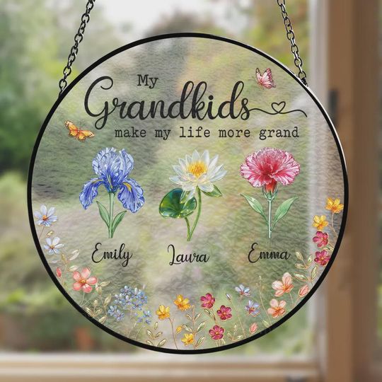 Personalized Grandkids Suncatcher, Custom Birth Flower Glass Window Hanging, Gift for Grandma, Grandchildren Names Decor, Mother's Day Gift