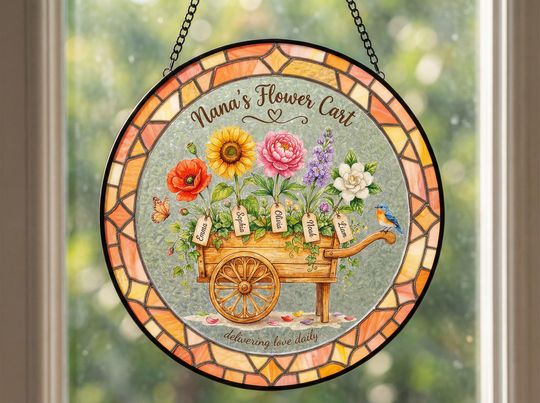 Personalized Nana Flower Cart Suncatcher, Birth Month Flowers, Custom Names Gift