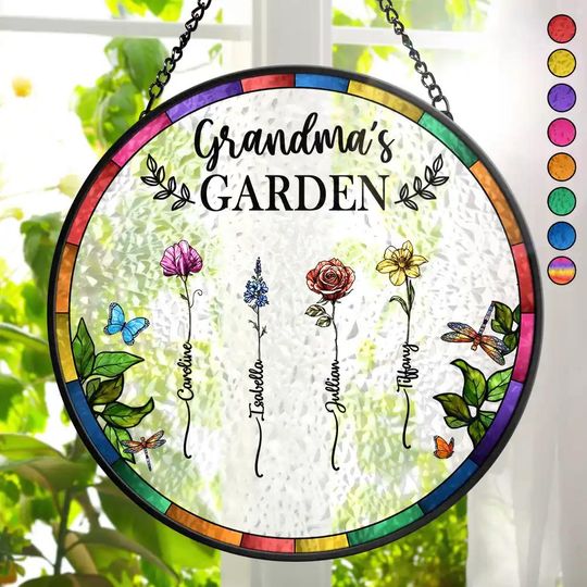 Discover Birth Flower Grandma's Garden - Personalized Stained Glass Window Hanging Suncatcher Glass