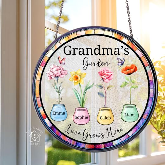 Discover Grandma Personalized Birth Flower Suncatcher  Custom Childrens Names Glass Window Decor  Grandma's Garden Gift  Multiple Sizes