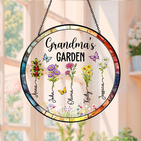 Discover Grandmas Garden Birth Flower Suncatcher, Custom Grandma Gift with Kids Names, Custom Birth Month Flower Window Hanging,Nana Mother Day Gift