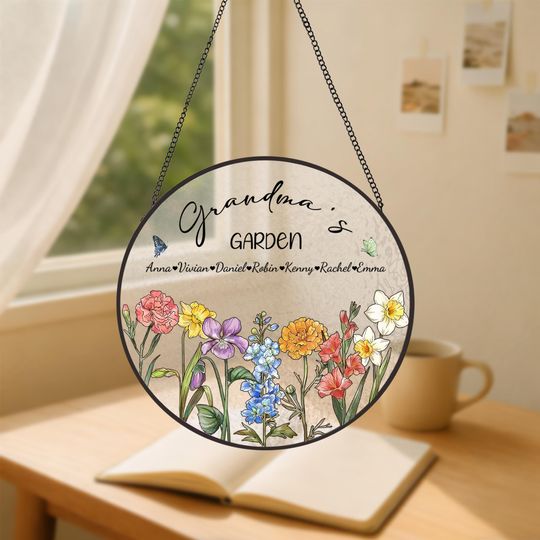 Discover Personalized Grandmas Garden Stained Glass, Custom Grandkids Name Suncatcher, Birth Month Flowers With Names Gift, For Nana, Mother's Gift