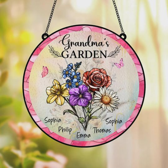 Discover Personalized Grandma's Garden Suncatcher, Stained Glass Flower, Mother's Day Gift for Grandma, Window Hanging for Nana