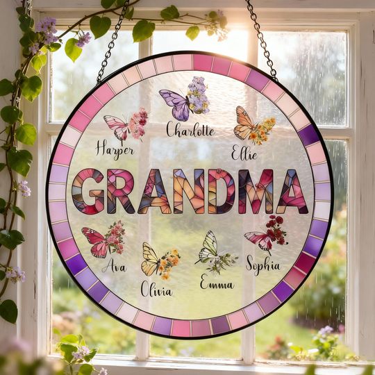 Discover Personalized Grandma Glass Suncatcher: Custom Butterfly & Birth Month Flower with Grandkids Names