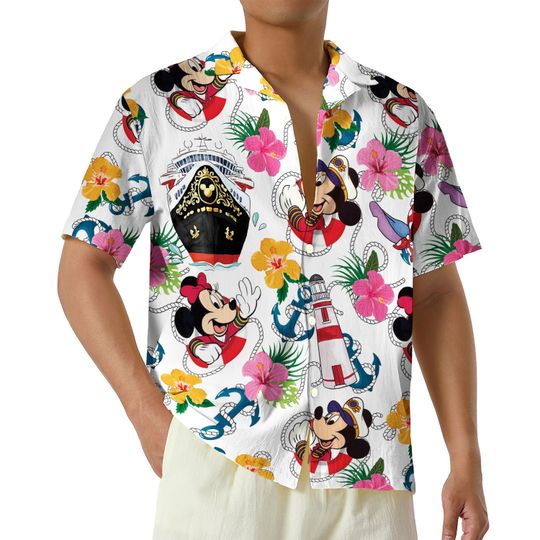 Discover Disney Cruise Hawaiian Shirt, Mickey Hawaii Shirt, Lighthouse Hibiscus Pattern Button Shirt, Summer Beach Shirt