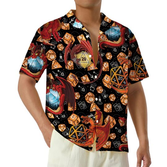 Discover Geometric DnD Hawaiian Shirt, Dungeon and Dragon Hawaii Shirt, Dragons & Dices Pattern Beach Shirt, D20 Button Shirt