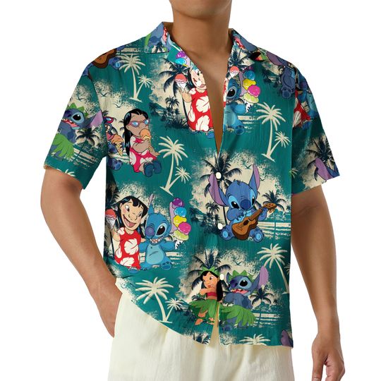 Discover Lilo and Stitch Eating Ice Cream Hawaiian Shirt, Disney Hawaii Shirt, Tropical Palm Tree Shirt, Aloha Summer Shirt