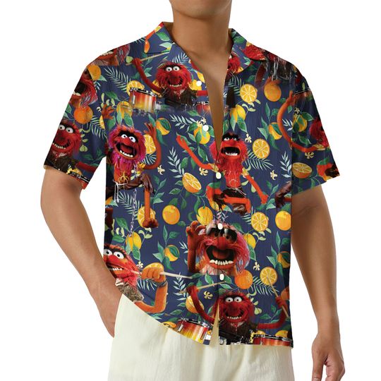 Discover Muppets Playing Drum Hawaiian Shirt, Disney Funny Hawaii Shirt, Orange Tropical Pattern Beach Shirt, Summer Vacation Shirt
