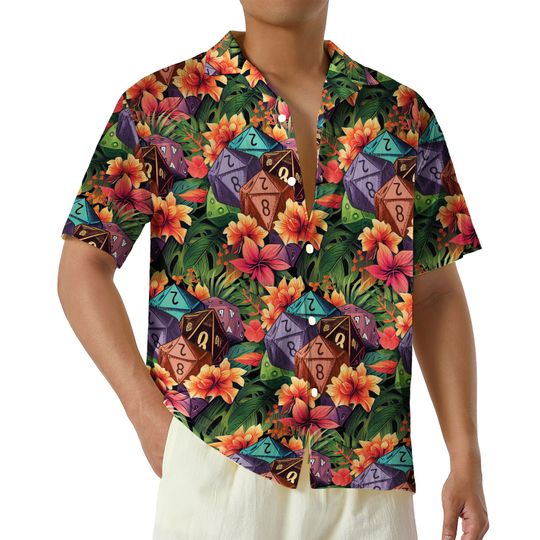 Discover D20 Pattern Hawaiian Shirt, Tropical Hibiscus Aloha Hawaii Shirt, DnD Button Shirt, Aloha Beach Shirt, DnD Gaming Shirt