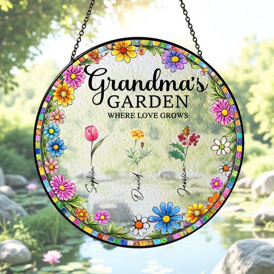 Discover Grandmas Garden Birth Flower Suncatcher, Personalized Grandma Kids Names Gift, Custom Family Flower Window Hanging Decor