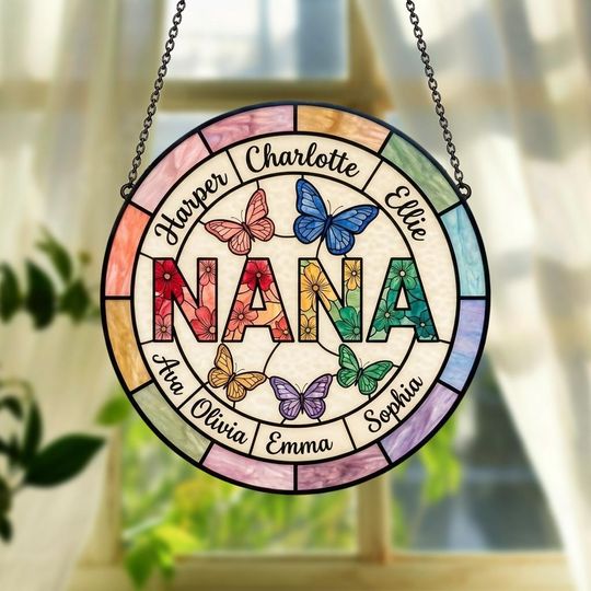 Discover Personalized Nana Glass Suncatcher, Mother's Day Gift for Grandma, Custom Butterfly & Birth Month Flower with Grandkids Names, Mom Gifts