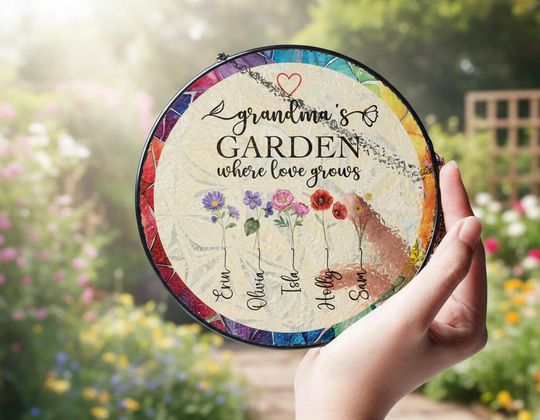 Discover Personalized Grandma Suncatcher with Birth Month Flowers & Grandkids Names, Custom Stained Glass Gift for Grandma Birthday, Garden Decor