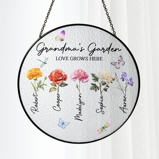 Discover Personalized Grandmas Garden Stained Glass Suncatcher, Custom Birth Month Flowers with Names, Grandma Love Grows Here Window Hanging Decor