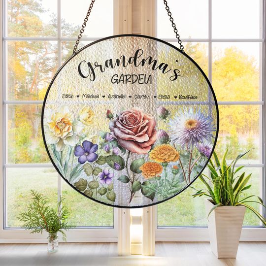 Discover Personalized Grandma's Garden Glass Suncatcher, Custom Birth Flower Stained Glass Window Hanging, Mother's Day Gift for Grandma