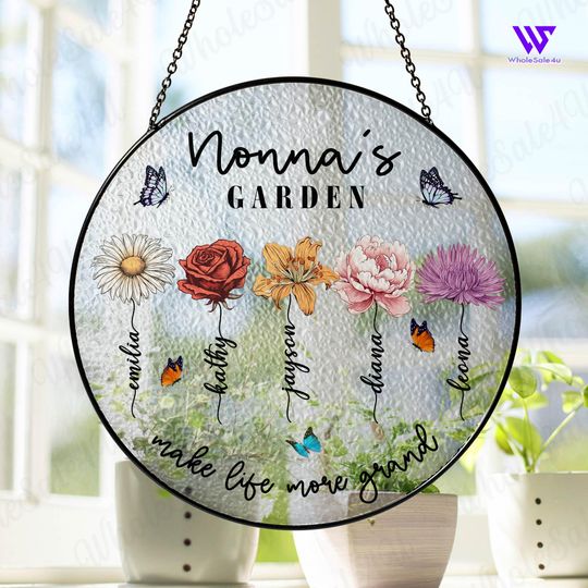 Discover Personalized Nonna's Garden Make Life More Grand Stained Glass Suncatcher, Mothers Day Gift For Nana, Custom Birth Month Flower Grandma Gift