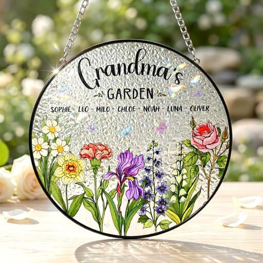 Discover Personalized Grandma's Garden Stained Glass Suncatcher, Custom Floral Window Decor