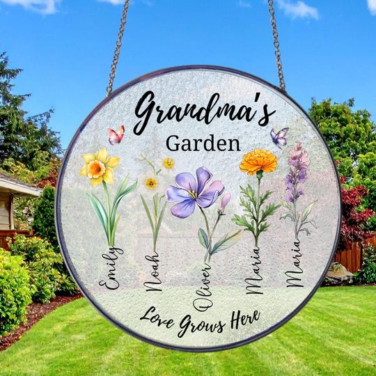 Discover Grandma Birth Flower Suncatcher, Personalized Garden Gift for Grandma, Custom Names Floral Glass Suncatcher, Grandchildren Birth Flowers