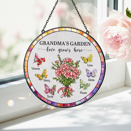 Discover Personalized Grandma's Garden Suncatcher, Birth Month Flowers With Names Stained Glass, Mother's Day Window Hanging, Gift for Her