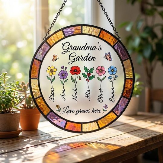 Discover Birth Month Flower Stained Glass Suncatcher, Grandmas Garden Stained Glass, Custom Birth Flower Family Window Hanging,Love Grows Here Decor