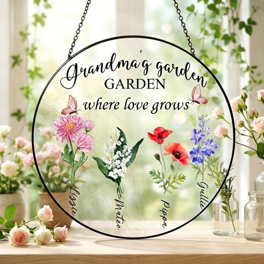 Custom Grandma,Nana Garden Suncatcher,Personalized Birth Flower Stained Glass Window Hanging Suncatcher,Gift for Mother Day,Grandma,MomGift