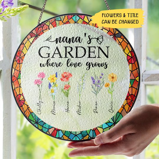 Discover Personalized Birth Flowers Stained Glass Suncatcher, Mom Gift,Grandma Gift From Grandkids Window Hanging Decor, Custom Grandma's Garden Gift