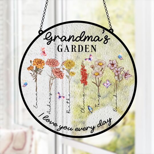 Discover Personalized Grandma's Garden Suncatcher With Birth Month Flowers And Custom Grandchildren Names,  Window Hanging Gift For Nana