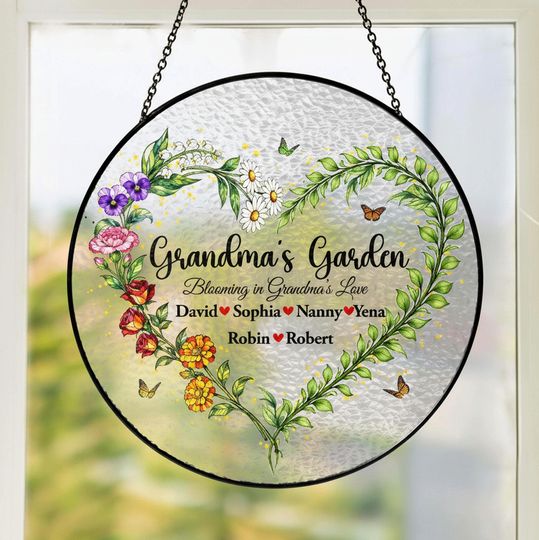 Discover Custom Grandma's Garden Stained Glass Suncatcher  Personalized Birth Month Flowers with Family Names, Perfect Mother's Day & Grandkids Gift