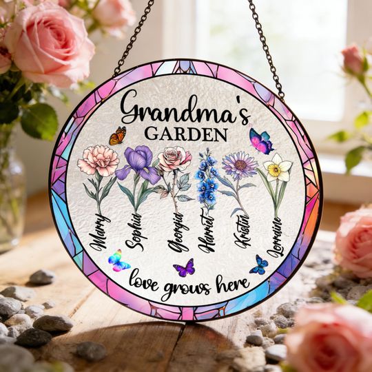 Discover Personalized Grandmas Garden Suncatcher, Birth Month Flower Stained Glass, Custom Window Hanging, Mothers Day Gift for Grandma, Nana Gift