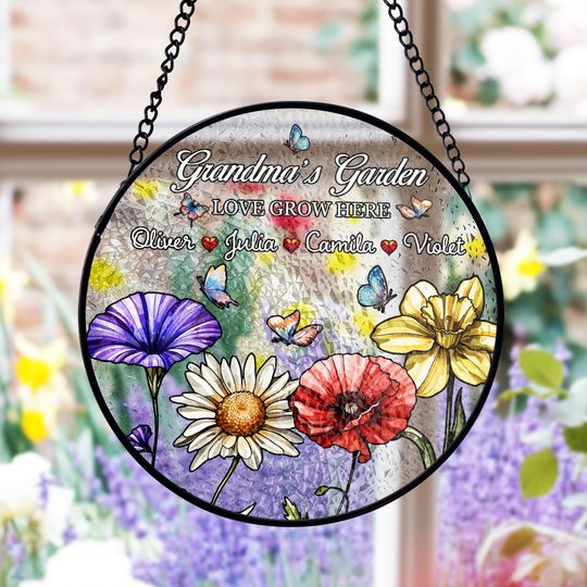 Discover Grandmas Garden Suncatcher, Personalized Birth Flower Window Decor, Custom Grandkids Names, Mothers Day Gift, Floral Stained Glass