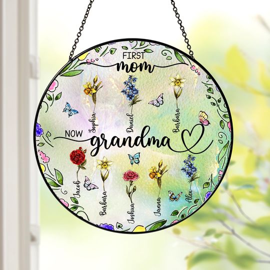 Discover First Mom now Grandma Personalized Suncatcher, Grandma's Garden Suncatcher, Birth Flower Window Hanging Suncatcher Mothers Day Gift For Mom