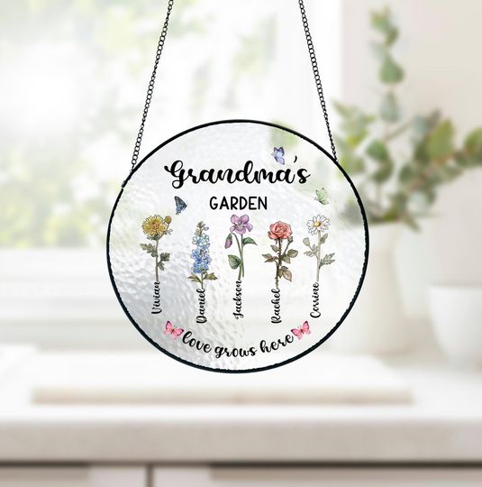 Discover Personalized  Birth Month Flower Window Hanging, Custom Grandma's Garden Stained Glass, Mother's Day Gift, Birth Flower Suncatcher
