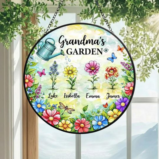 Discover Personalized Floral Frame Birth Flower Grandma's Garden, Stained Glass Window Hanging Suncatcher, Mother's Day Gift, Birth Flower Gifts