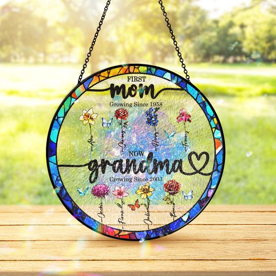 Discover Custom Grandma's Garden Stained Glass Suncatcher, Birth Month Flower Window Hanging, Mothers Day Gift, Nana gift, Gift for Grandma