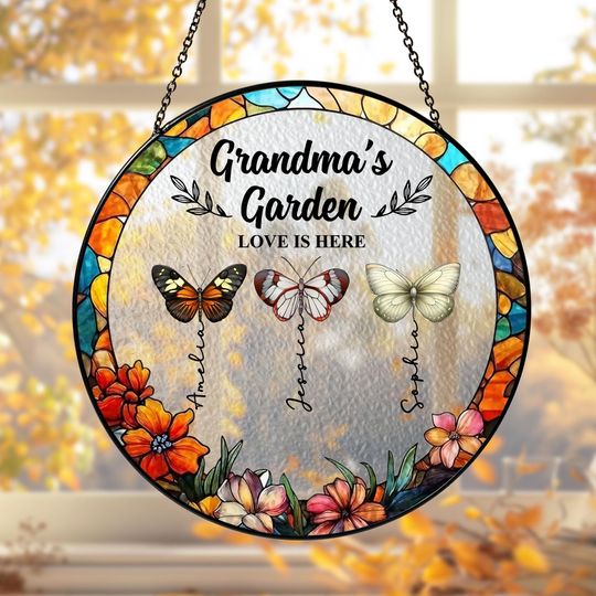 Discover Grandma Butterfly Suncatcher, Personalized Grandma's Garden Window Hanging, Custom Grandkids Name Gift For Grandma