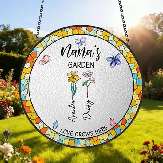 Discover Personalized Grandmas Garden Stained Glass, Custom Grandkids Name Suncatcher, Grandma Gift, Nana Birth Month Flower Stain Glass Suncatcher