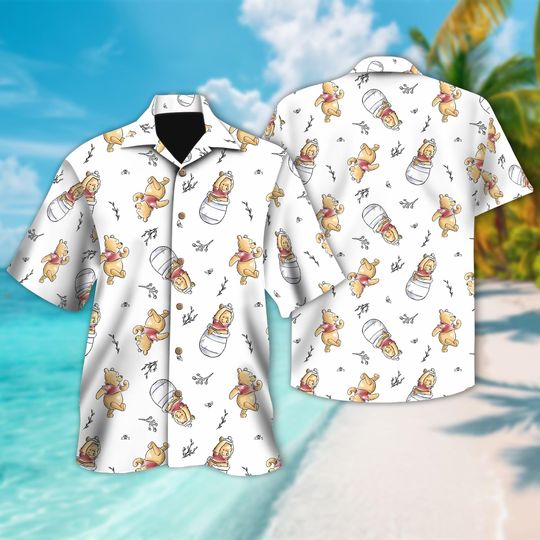 Discover Pooh With Honey Hawaiian Shirt, Winnie The Pooh Button Up Shirt, Pooh Hawaiian Shirt, Funny Shirt Gift, Cartoon 3D All Over Print Shirt