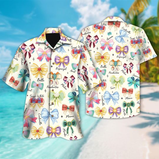Discover Disney Coquette Bows Watercolor Princess Button Up, Aurora Ariel Belle Cinde Tiana Hawaiian Shirt, Magic Kingdom Disneyland Girl Trip