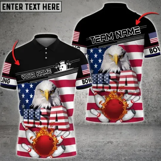 Discover Personalized USA Eagle Bowling Polo Shirt with Custom Name and Team Design