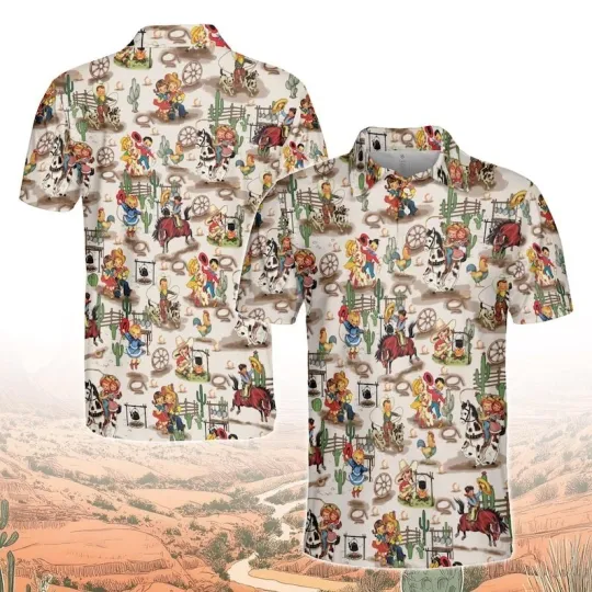Discover Vintage Western Cowgirl Pony Print Polo Shirt