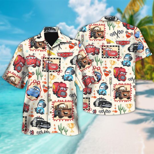 Disney Coquette Bows Disney Cars Hawaiian Shirt, Lightning McQueen Mater Doc Hudson Sally Carrera Birthday Cars Family Shirt, Birthday Boy