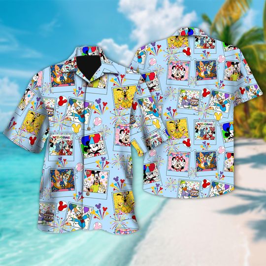 Discover Disney Mickey and Friends Birthday Balloon Hawaiian Shirt, Disneyland Birthday Party Button Up, Disney Family Matching Birthday Hawaii