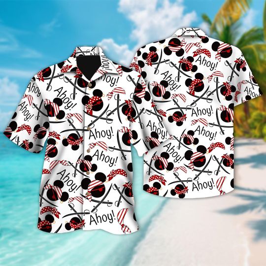 Discover Mickey Mouse Cruise Pirate Hawaiian Shirt, Pirates of The Caribbean Mickey Mouse Ahoy Button Up, Mickey Pirate Beach Hawaiian