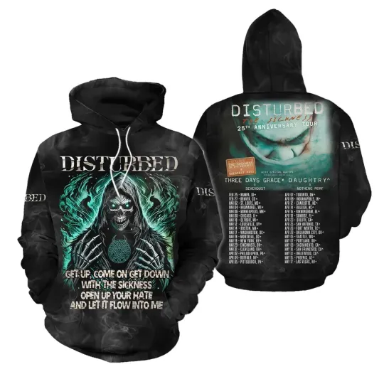 Discover Disturbed 2025 Tour Date 3D Printed Hoodie