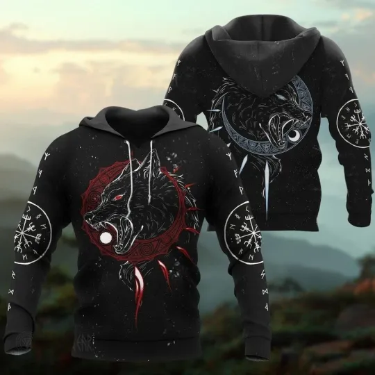 Discover Viking Wolf Vegvisir Fenrir Nordic Mythology Hoodie Sweatshirt