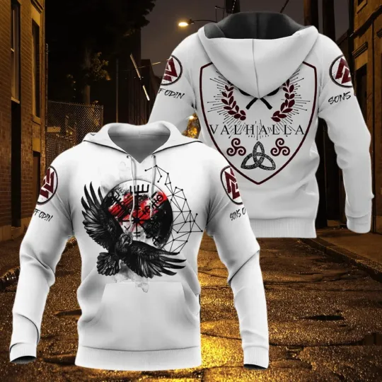 Discover Norse Raven Valhalla Hoodie Viking Nordic Warrior Pullover Gift